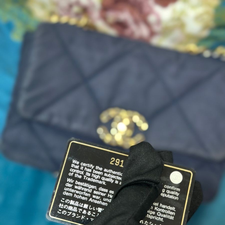CHANEL海軍藍菱格帆布金釦19Bag下蓋鏈包-15