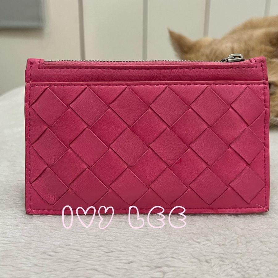 BOTTEGA VENETA 編織 卡夾 名片包 零錢包 桃粉色 二手精品-1