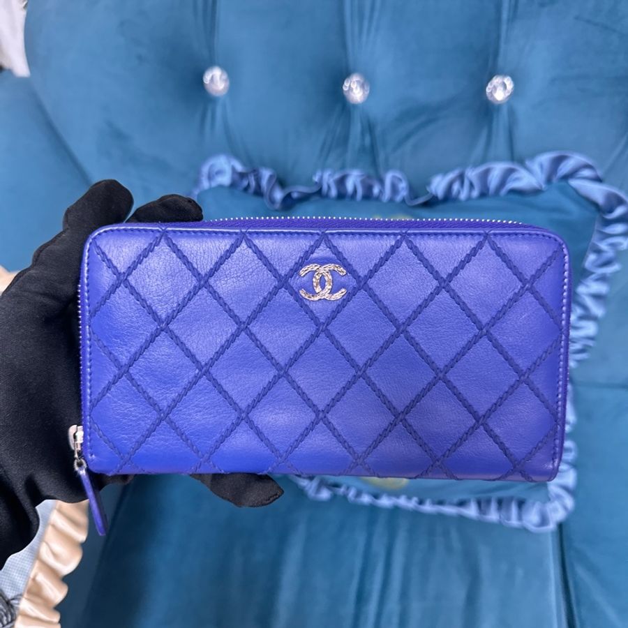 CHANEL 藍紫色牛皮粗縫線菱格紋拉鍊長夾-18