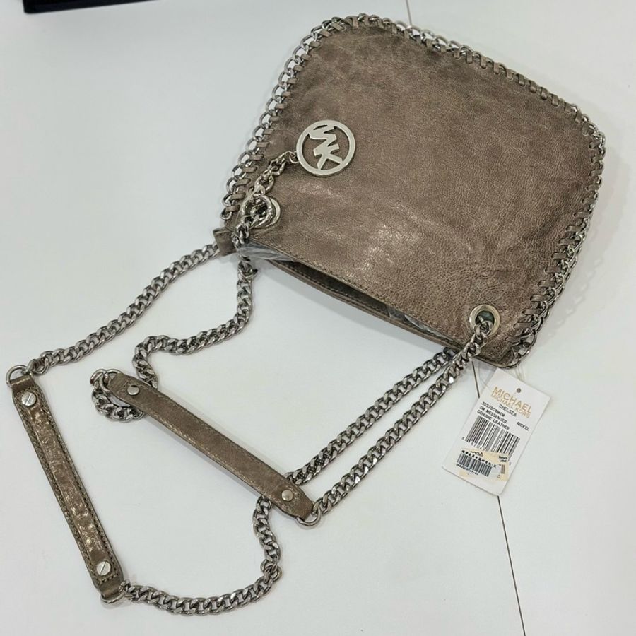 MICHAEL KORS MK 褐色 牛皮 銀鏈 肩背包 手提包 鏈條包 側背包 斜背包-3