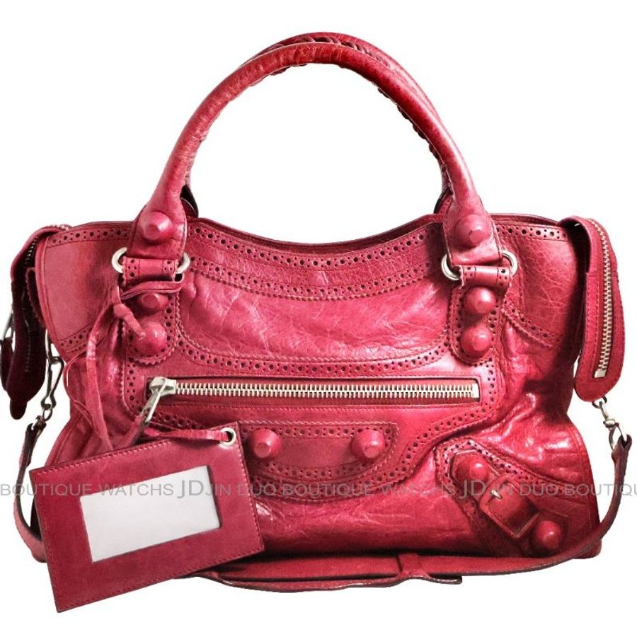 金鐸精品~2403 BALENCIAGA 巴黎世家 204529 CITY酒紅色小羊皮蕾絲款 手提肩背機車包-0