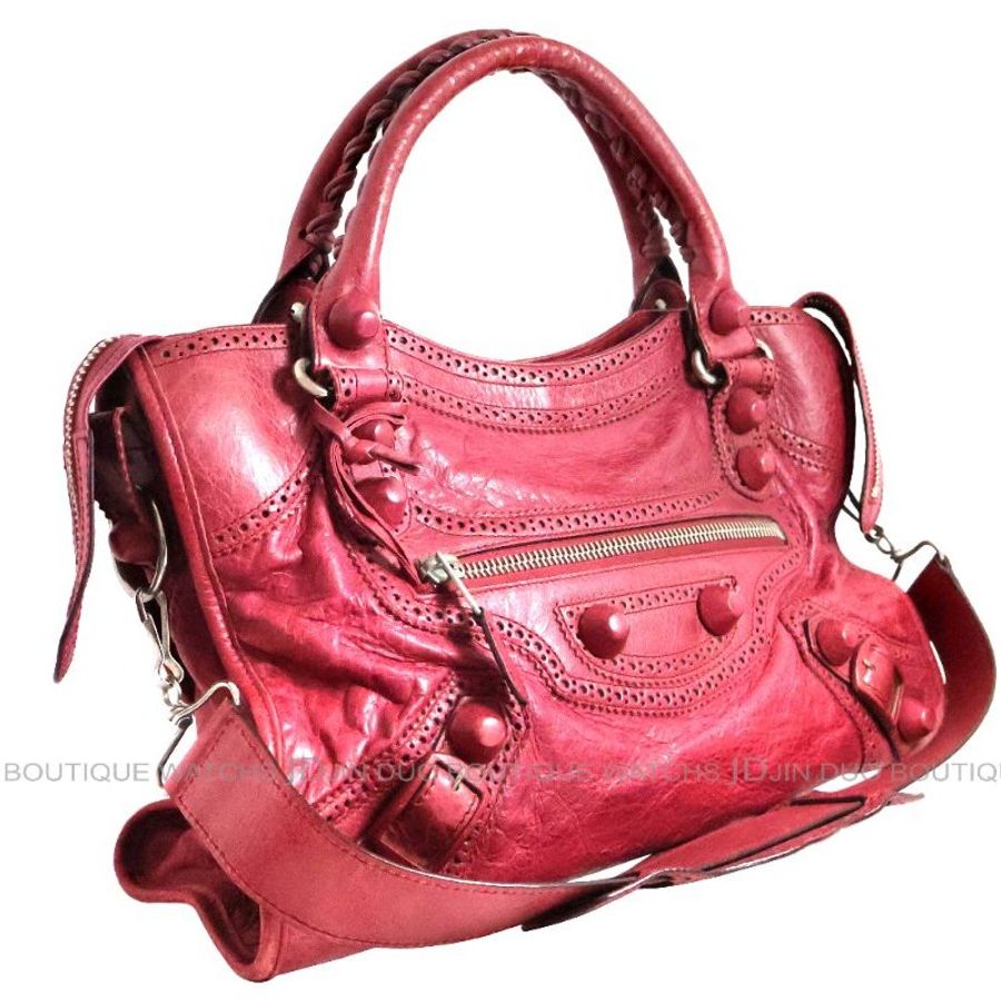 金鐸精品~2403 BALENCIAGA 巴黎世家 204529 CITY酒紅色小羊皮蕾絲款 手提肩背機車包-2