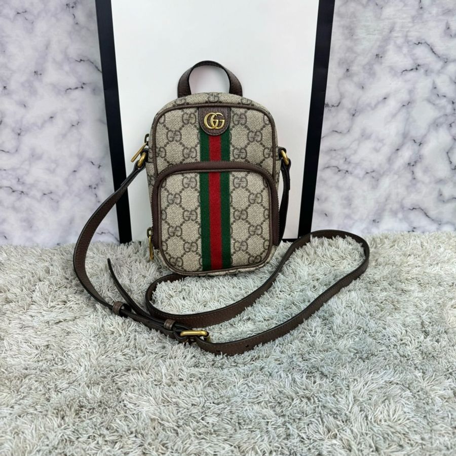 GUCCI 古馳 經典Ophidia GG印花帆布迷你相機包(卡其棕)-0