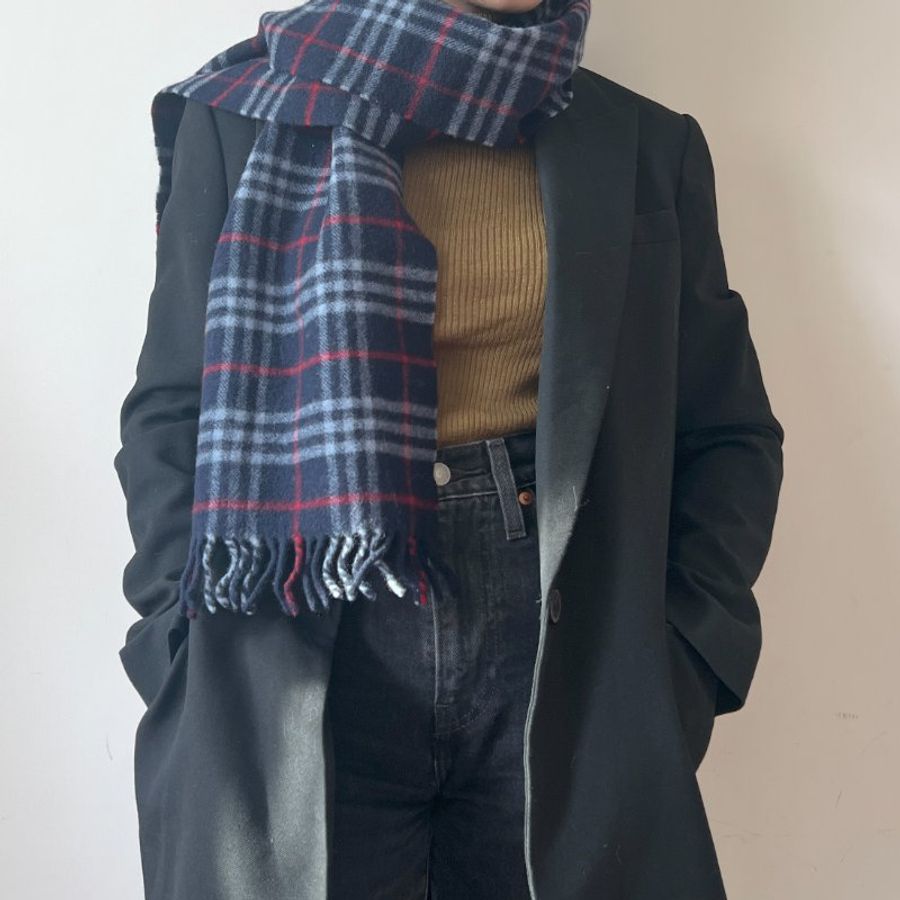 Burberry深藍色經典格紋流蘇圍頸巾 日本中古Vintage-7