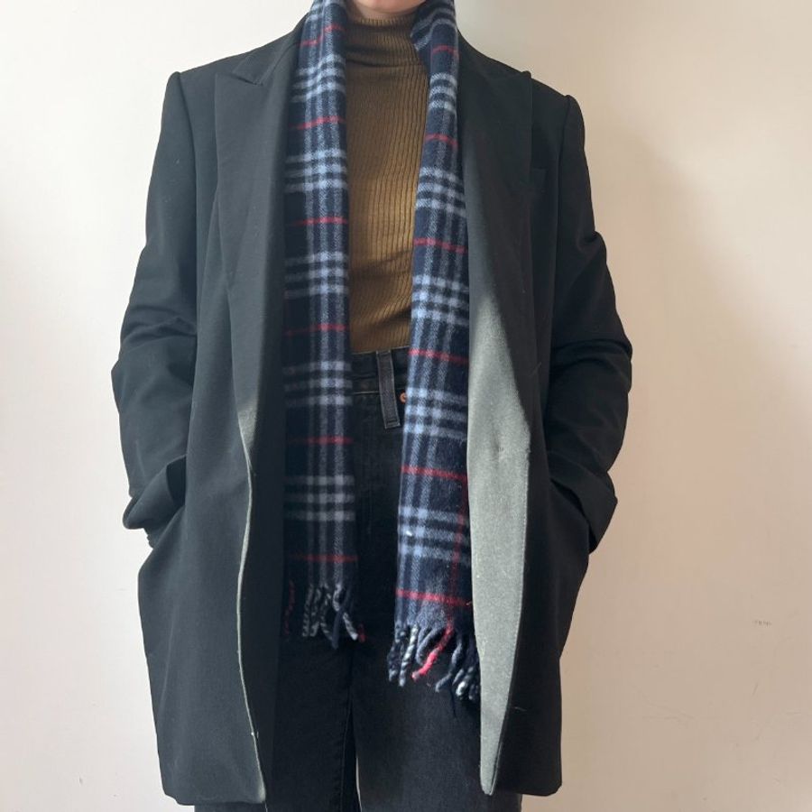 Burberry深藍色經典格紋流蘇圍頸巾 日本中古Vintage-8