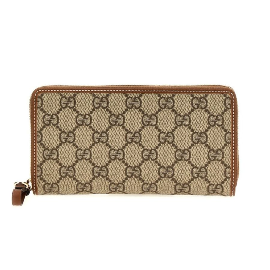 【GUCCI 古馳】Emblem Zip Around 皮革 拉鍊 卡夾 皮夾 長夾 米色 棕色 819122-3