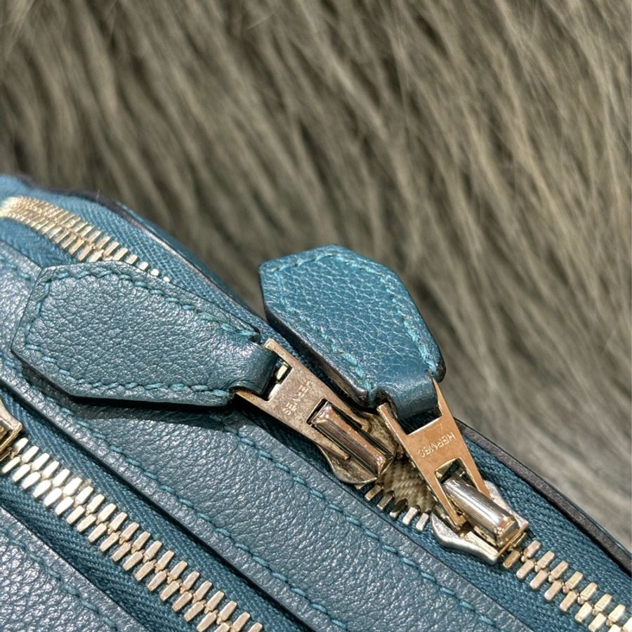HERMES CITYSLIDE CROSS 藍色荔枝牛皮銀釦 肩背包腰包霹靂包胸口包-19
