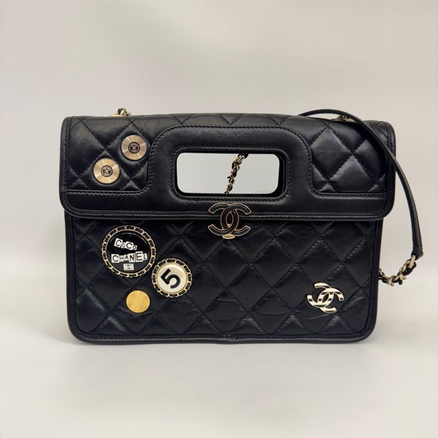 Chanel 黑復刻牛皮徽章下蓋手提肩背包 AS1430-9