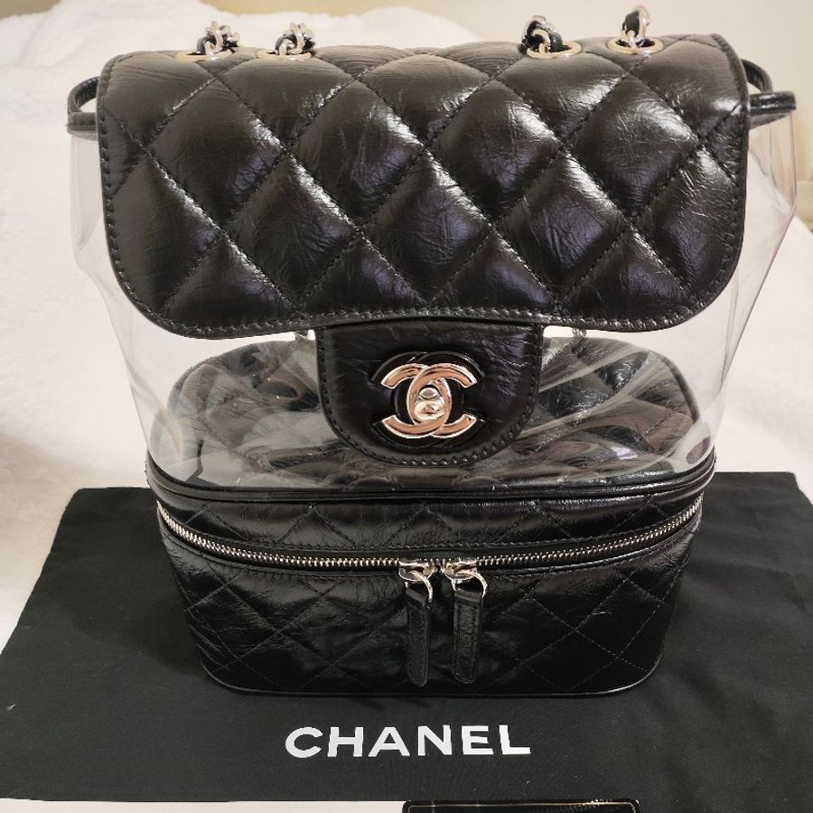 Chanel 黑銀油蠟牛皮拼接PVC側背包 透明果凍包-0