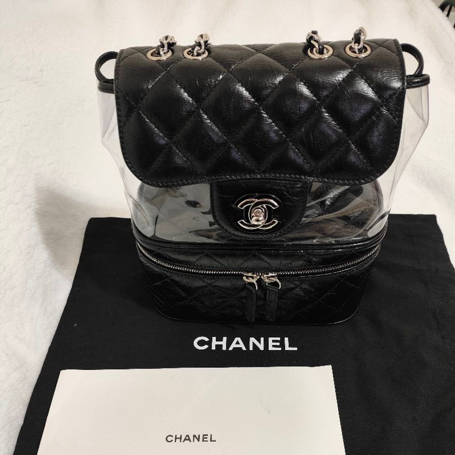 Chanel 黑銀油蠟牛皮拼接PVC側背包 透明果凍包-1