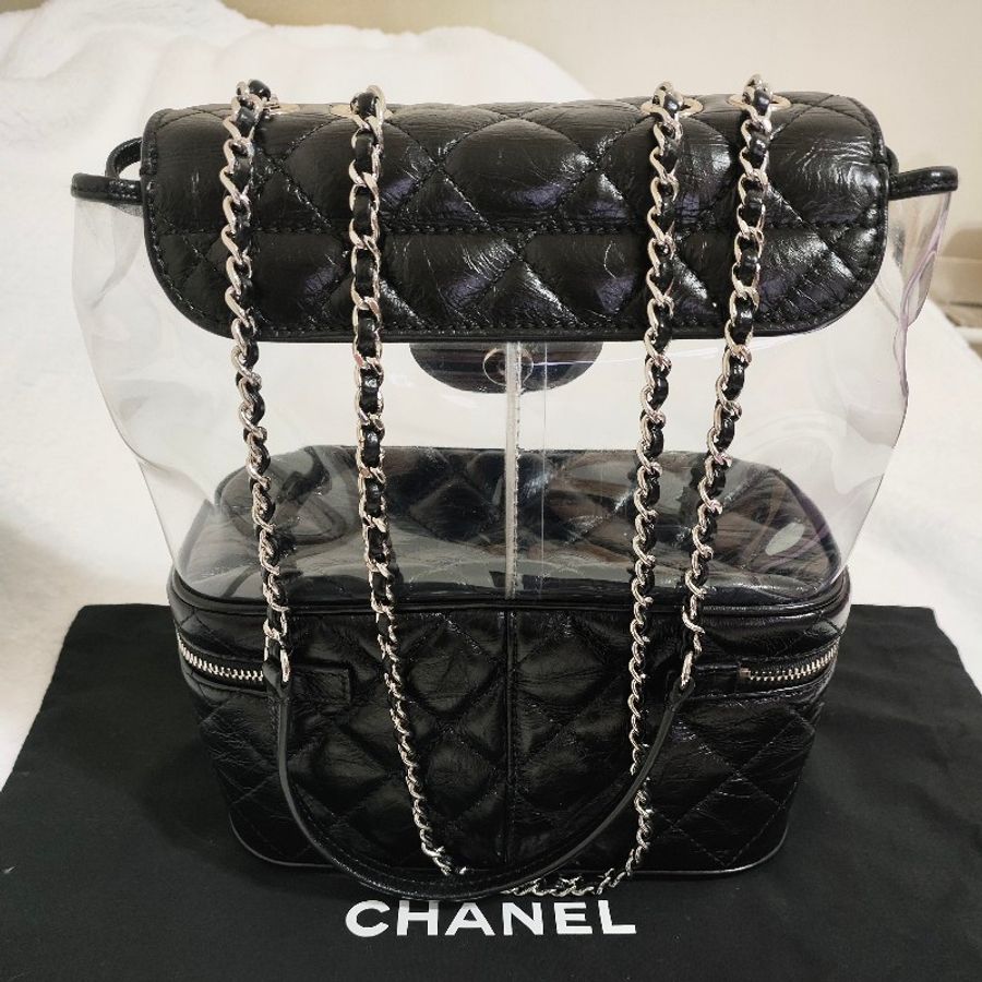 Chanel 黑銀油蠟牛皮拼接PVC側背包 透明果凍包-2
