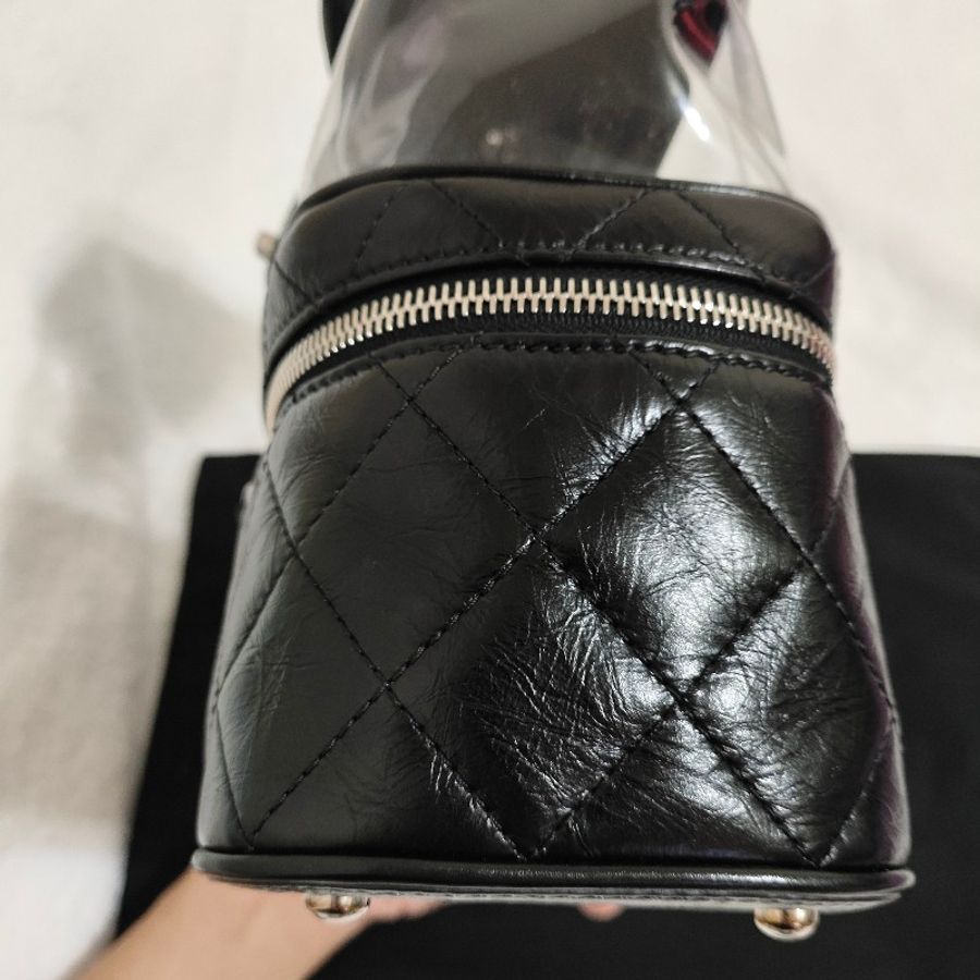 Chanel 黑銀油蠟牛皮拼接PVC側背包 透明果凍包-5