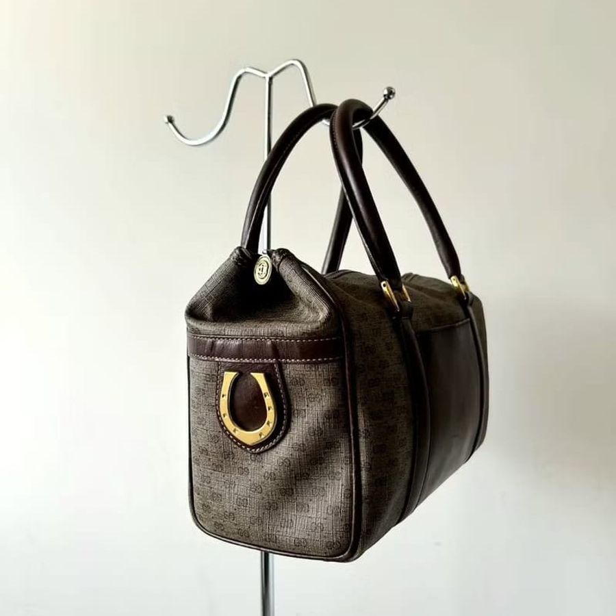 【LA LUNE】日本中古二手Gucci咖啡色老花波士頓古董包斜背單肩側孭皮革手袋 Vintage-2
