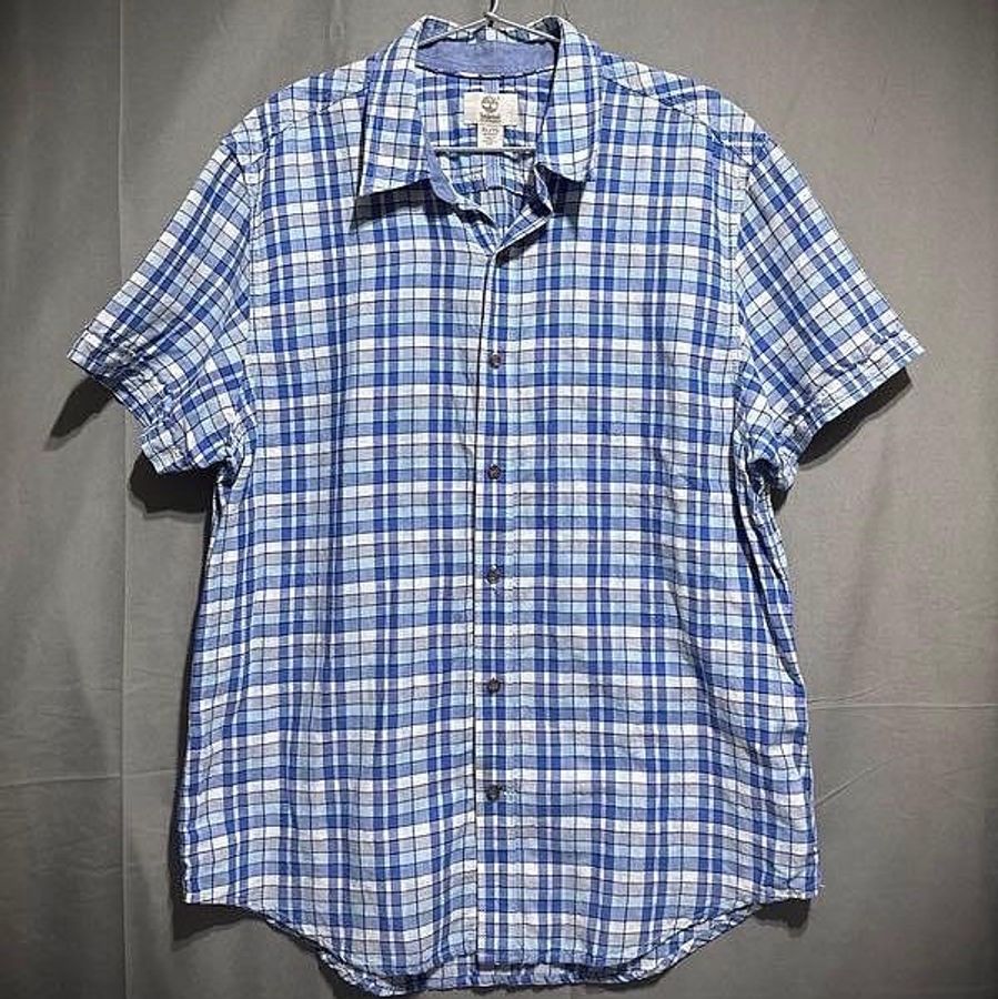 Timberland slim fit 藍格紋棉麻短袖襯衫 透氣舒適 男XL 185/120A-0