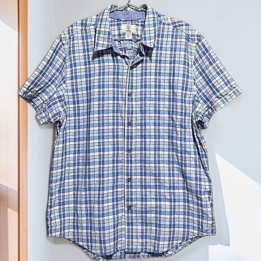 Timberland slim fit 藍格紋棉麻短袖襯衫 透氣舒適 男XL 185/120A-0
