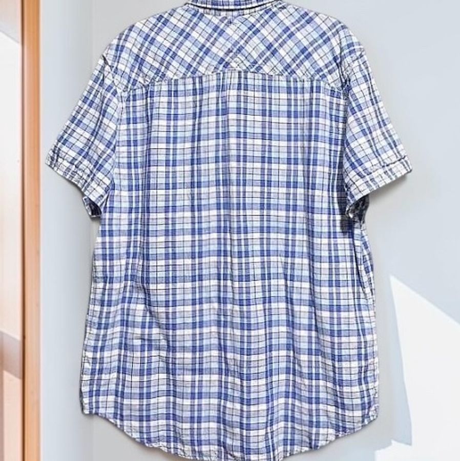 Timberland slim fit 藍格紋棉麻短袖襯衫 透氣舒適 男XL 185/120A-1