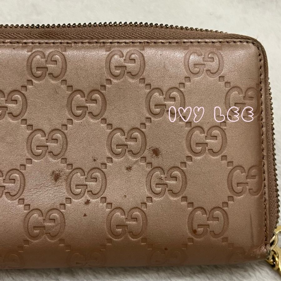 Gucci 232477 皮革壓紋 粉橘膚色 ㄇ字愛心拉鍊長夾 二手精品-24