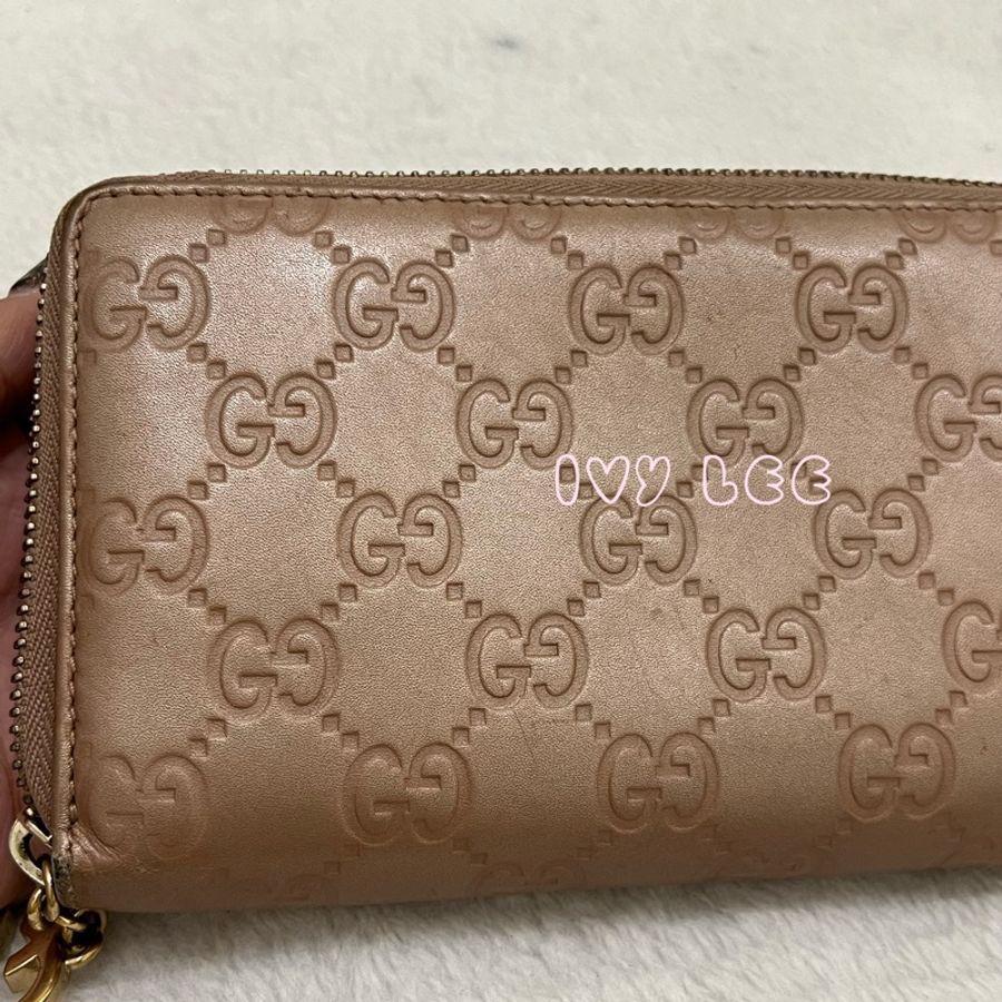 Gucci 232477 皮革壓紋 粉橘膚色 ㄇ字愛心拉鍊長夾 二手精品-25