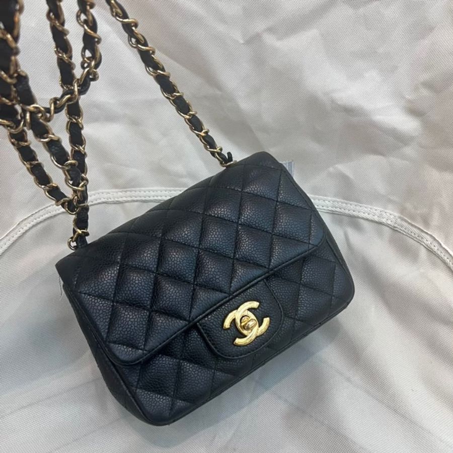 Chanel mini square 魚子醬 方胖子黑金 金扣 無卡 雷射貼紙完整 菱格飽滿-0