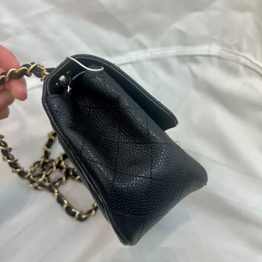 Chanel mini square 魚子醬 方胖子黑金 金扣 無卡 雷射貼紙完整 菱格飽滿-2