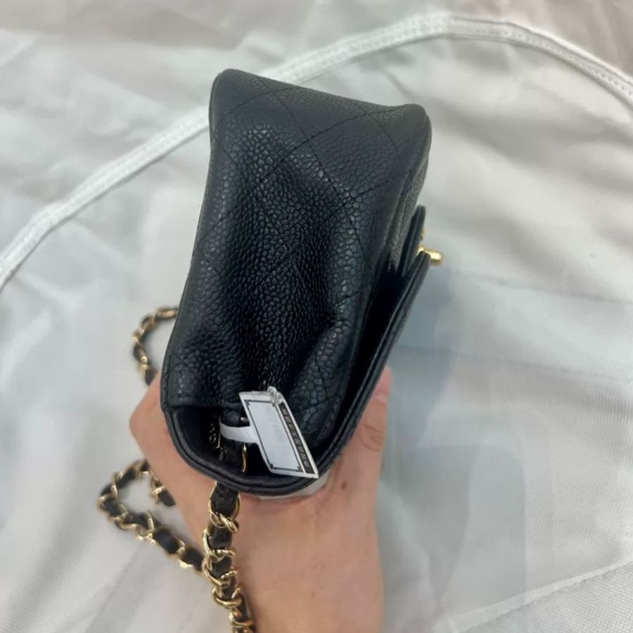 Chanel mini square 魚子醬 方胖子黑金 金扣 無卡 雷射貼紙完整 菱格飽滿-3