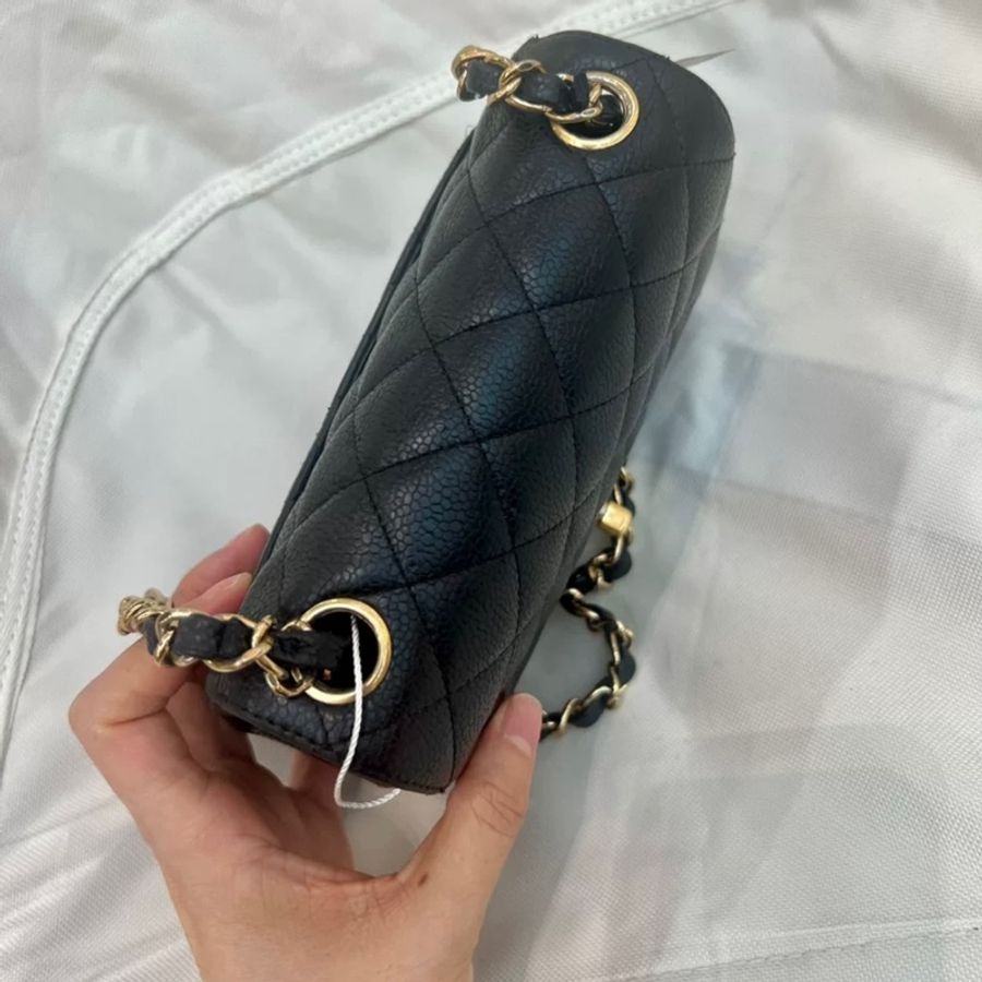 Chanel mini square 魚子醬 方胖子黑金 金扣 無卡 雷射貼紙完整 菱格飽滿-5