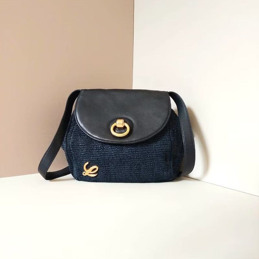 【LA LUNE】稀有中古二手Loewe海軍藍黑色編織拼色側背斜孭皮革小包單肩手袋 Vintage-8