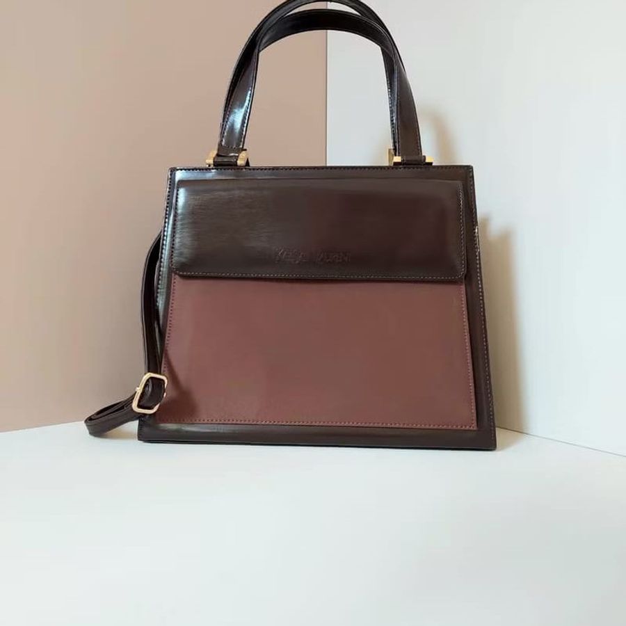 中古二手Yves Saint Laurent YSL黑焦糖啡色皮革側背斜孭單肩包手袋 Vintage-2
