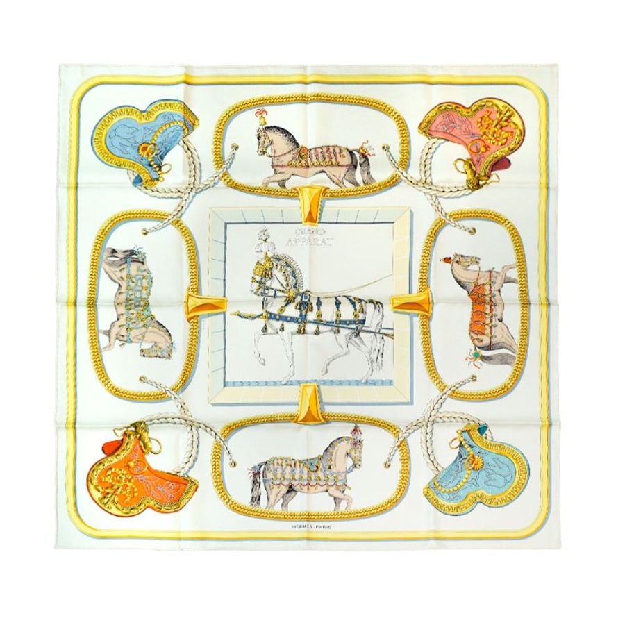 Hermes 駿馬盛宴圖驣絲巾/方巾-90cm(米白)-0