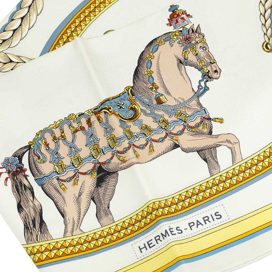Hermes 駿馬盛宴圖驣絲巾/方巾-90cm(米白)-1