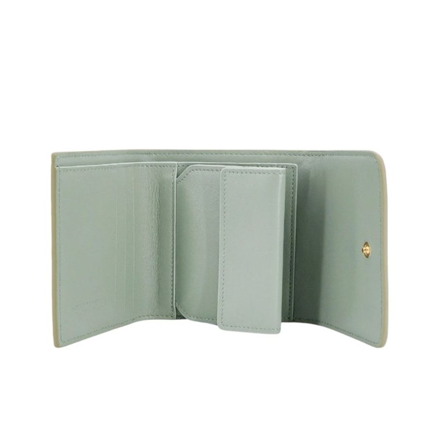 【BOTTEGA VENETA 寶緹嘉】BV Intrecciato Tri-Fold 三折 經典編織 羊皮 短夾 皮夾 雙色 洞石綠色 776033-4