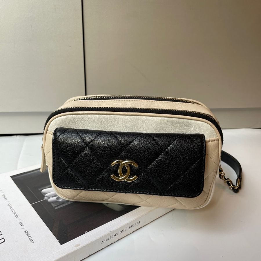 Chanel 黑白米拼色牛皮腰包-0