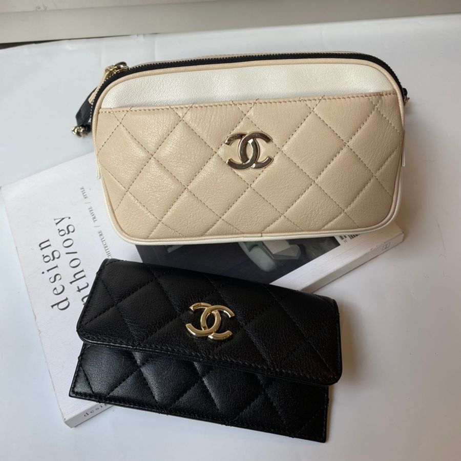 Chanel 黑白米拼色牛皮腰包-5
