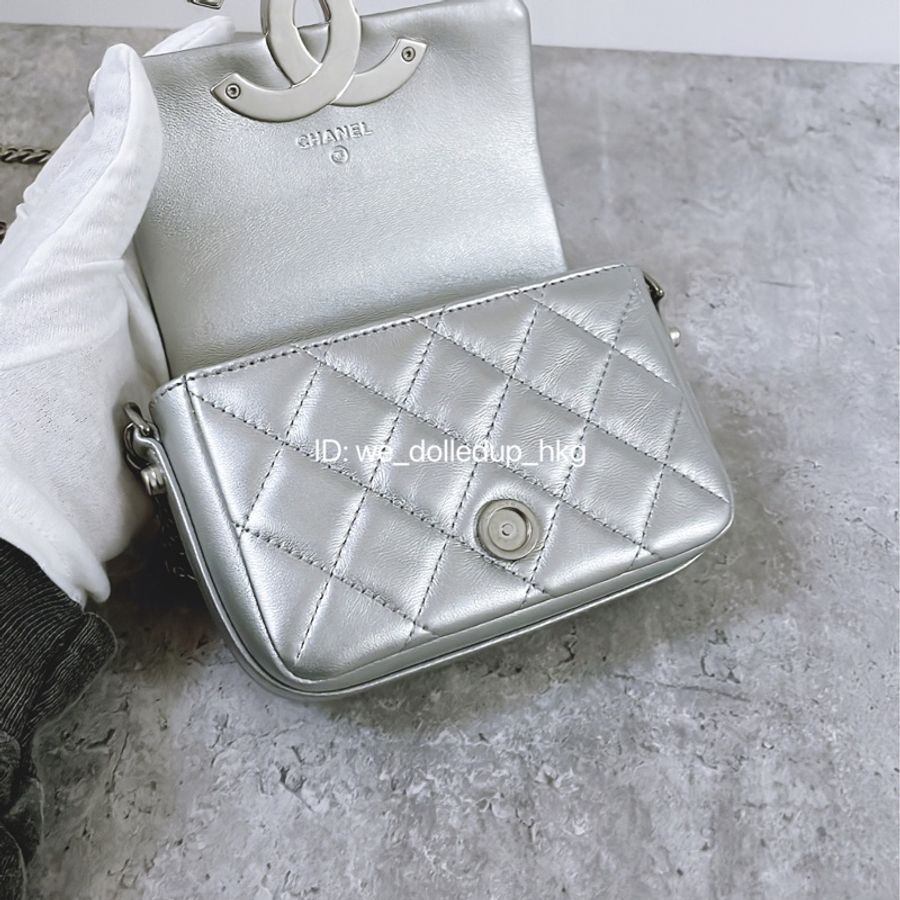 Chanel 銀色 大logo 牛皮小廢包-7