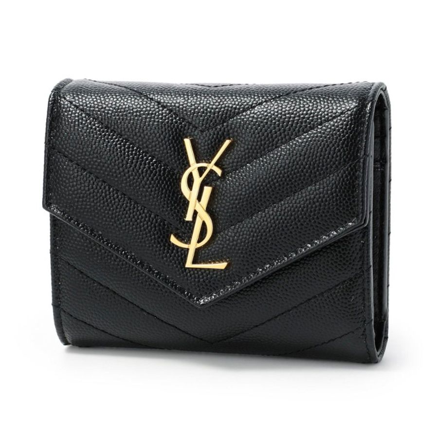 【YSL】SAINT LAURENT Cassandre 荔枝皮 皮革 多摺開釦 短夾 卡夾 零錢包 黑色 金色 692061-0
