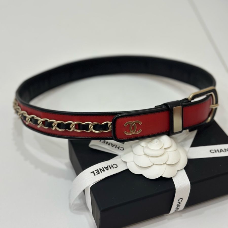 Chanel 香奶兒 紅色 秀款 皮穿鏈 腰带 腰封 皮帶-11