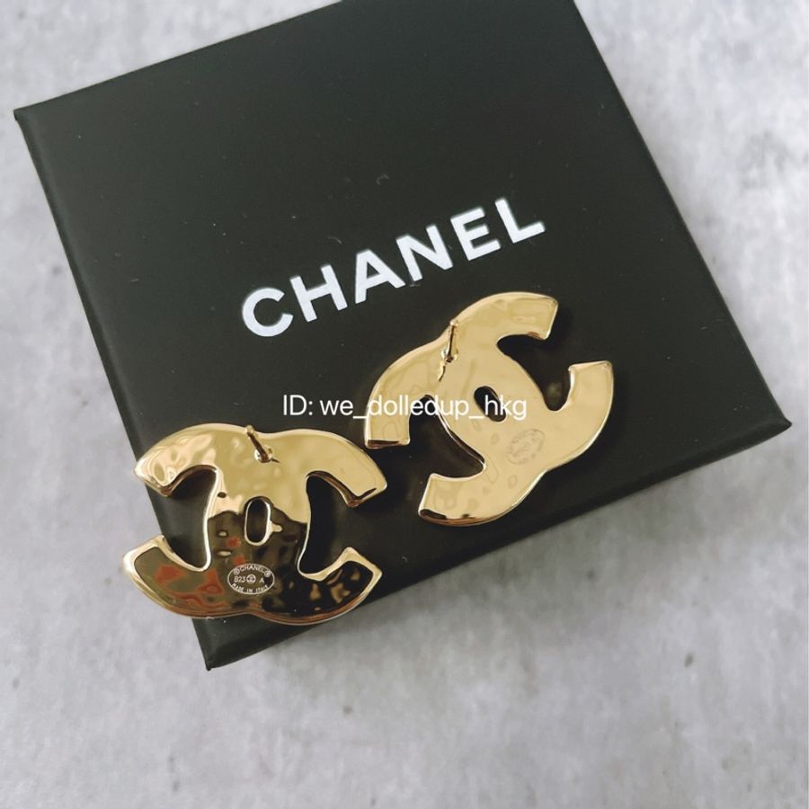 Chanel 啡紅色 大CC logo 耳環-2