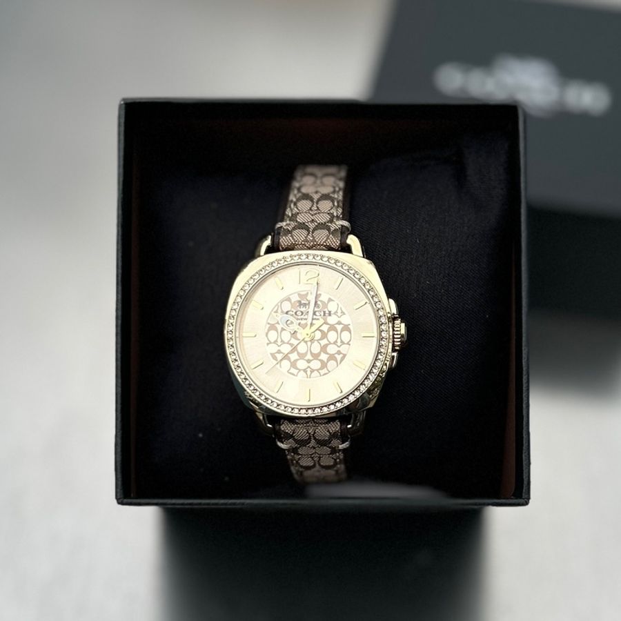 COACH Boyfriend 經典LOGO緹花織布晶鑽腕錶34mm(咖/桃心木咖)-1