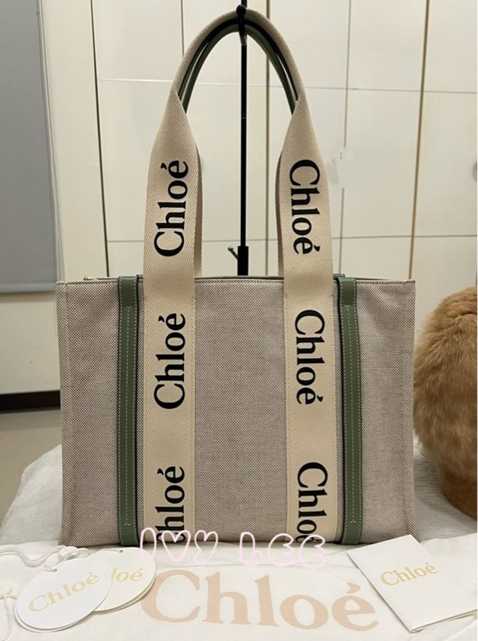 Chloe Medium Woody Tote Bag 米白拼綠 帆布托特包 手提包 二手精品-0