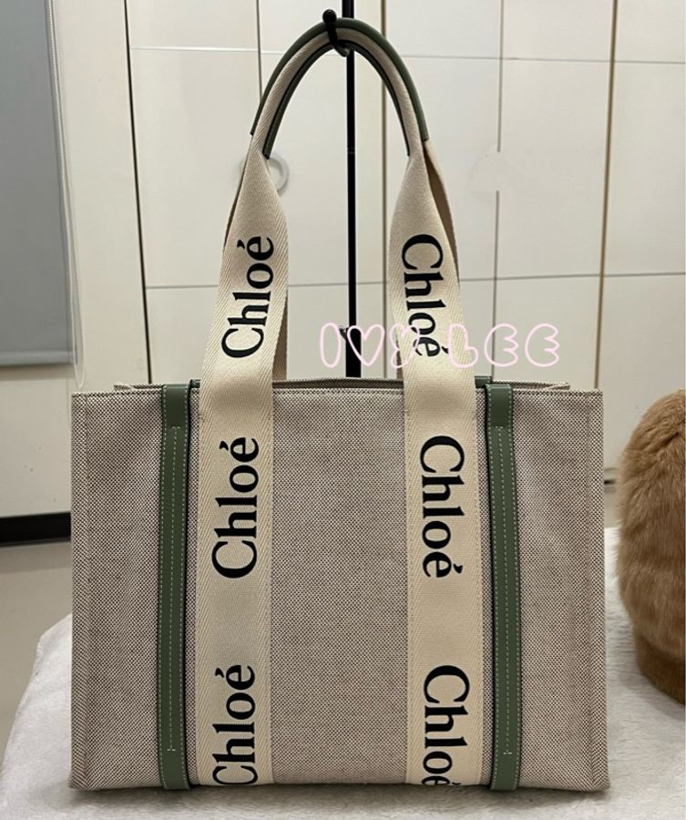 Chloe Medium Woody Tote Bag 米白拼綠 帆布托特包 手提包 二手精品-1