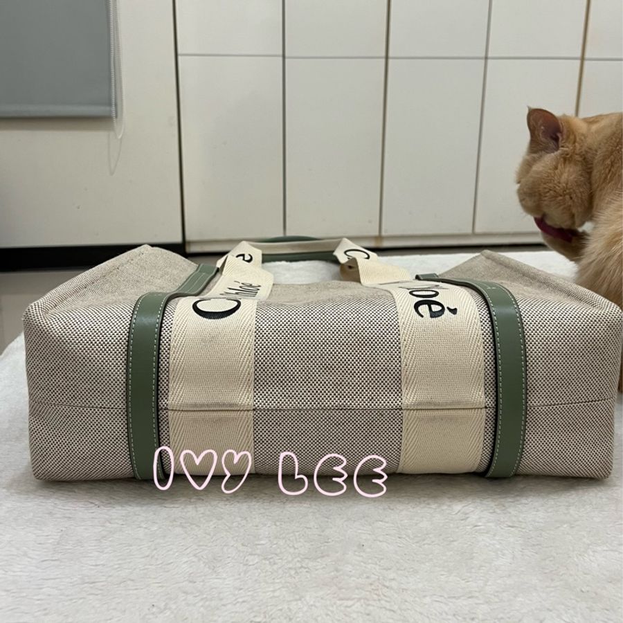 Chloe Medium Woody Tote Bag 米白拼綠 帆布托特包 手提包 二手精品-2