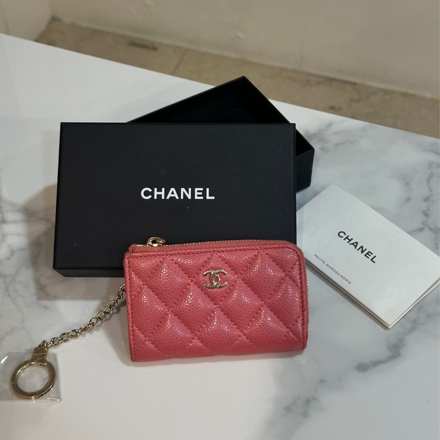 Chanel桃紅荔枝牛零錢包/鑰匙包👝97新🈶標🈶卡-1