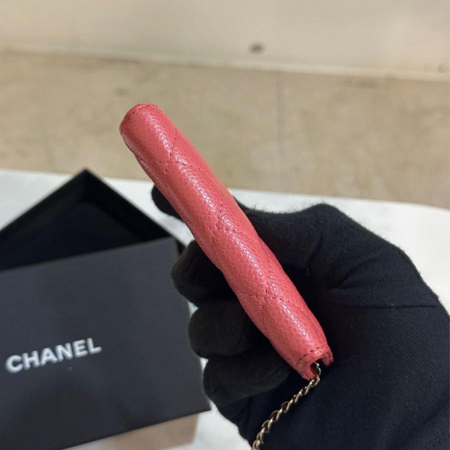 Chanel桃紅荔枝牛零錢包/鑰匙包👝97新🈶標🈶卡-4