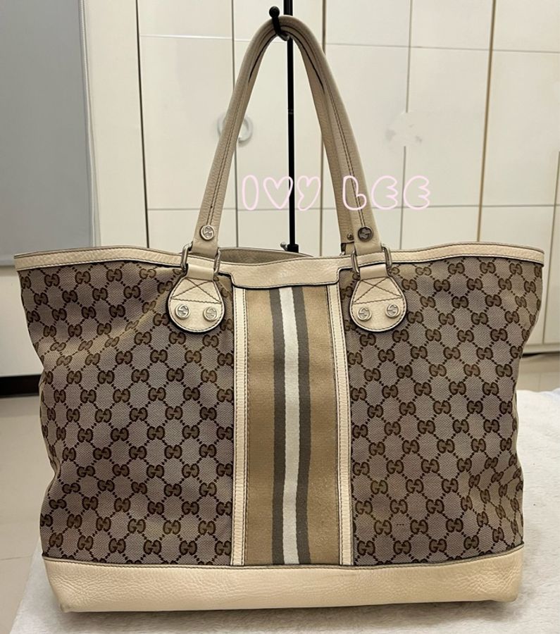 Gucci 米色/白色帆布 Vintage Web Sunset 托特包 肩背包手提包 通勤包232973 二手精品-0