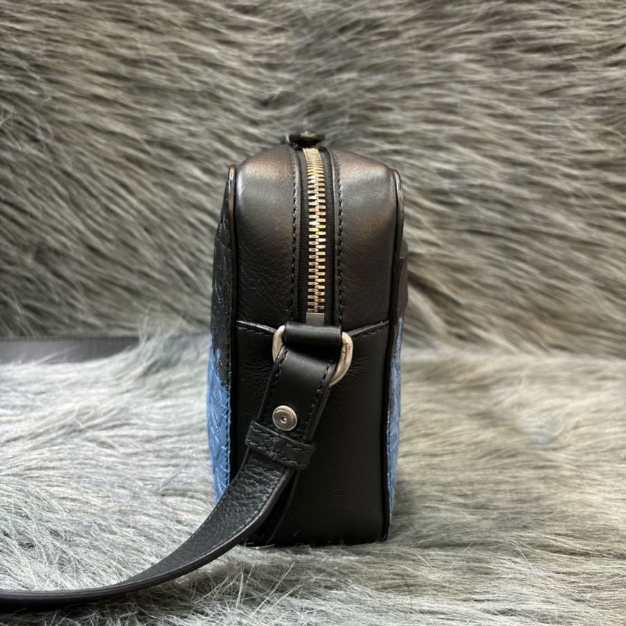 FERRAGAMO 黑皮 藍皮 壓紋 拼色 logo 相機包 斜背包-2