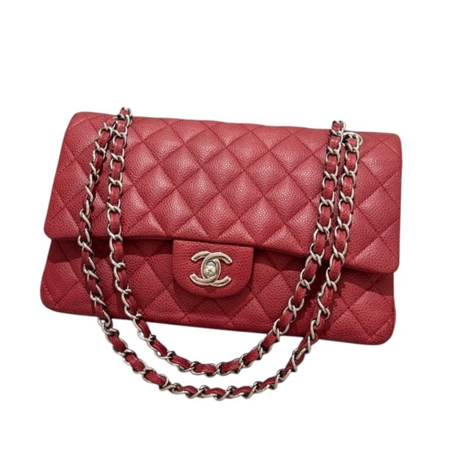 Chanel Caviar CF25 紅色荔枝皮銀扣-2