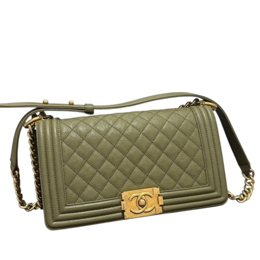 Chanel Caviar Leboy 中號 綠色荔枝皮金扣-4