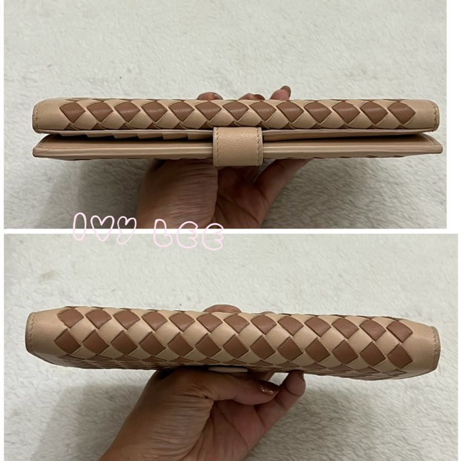 BOTTEGA VENETA 粉淺膚搭配棕色 拼色 細編織 長夾 雙扣式長夾 二手精品-17