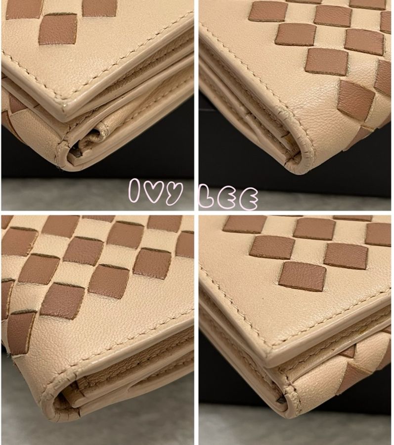 BOTTEGA VENETA 粉淺膚搭配棕色 拼色 細編織 長夾 雙扣式長夾 二手精品-20