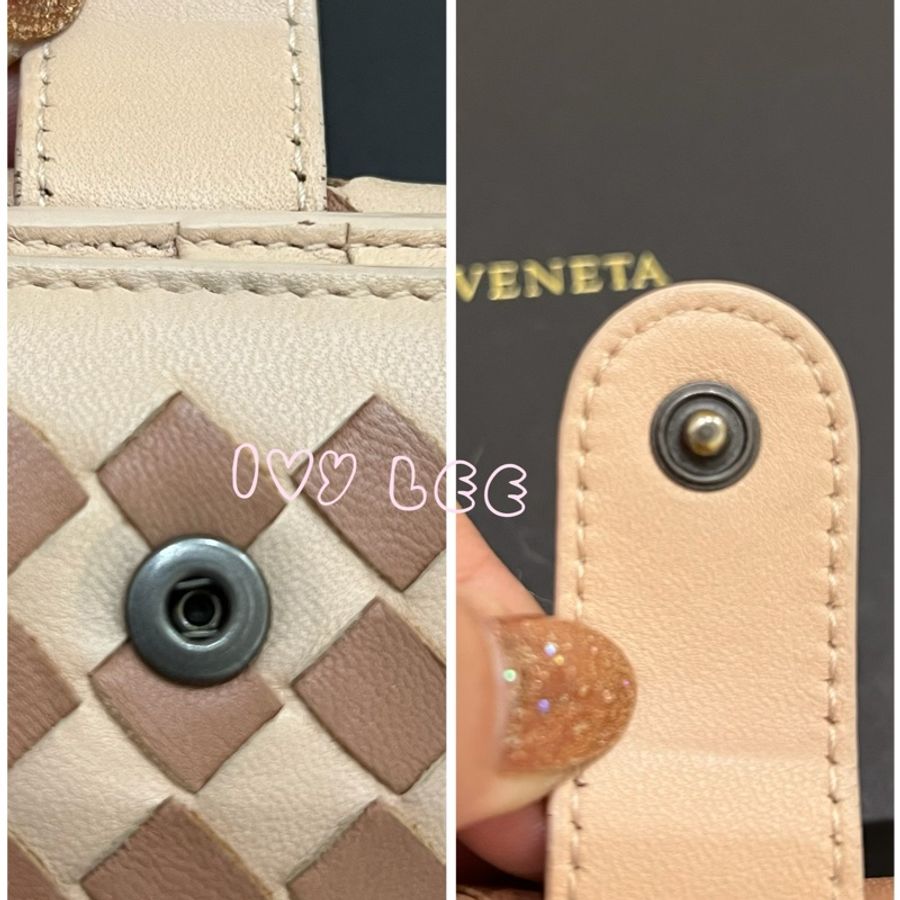 BOTTEGA VENETA 粉淺膚搭配棕色 拼色 細編織 長夾 雙扣式長夾 二手精品-22